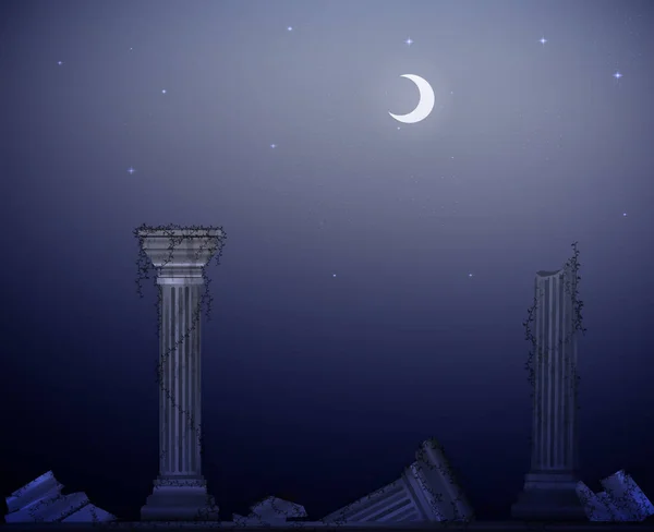Noite de lua e ruínas de colunas de mármore com liana, o declínio da civilização, paisagem antiga, decoração de teatro , —  Vetores de Stock