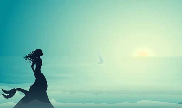 Silhouette sjöjungfrun sittande på kanten av en klippa och tittar på de små segelfartyget i morgon solen strålar, mermaid berättelse, — Stock vektor