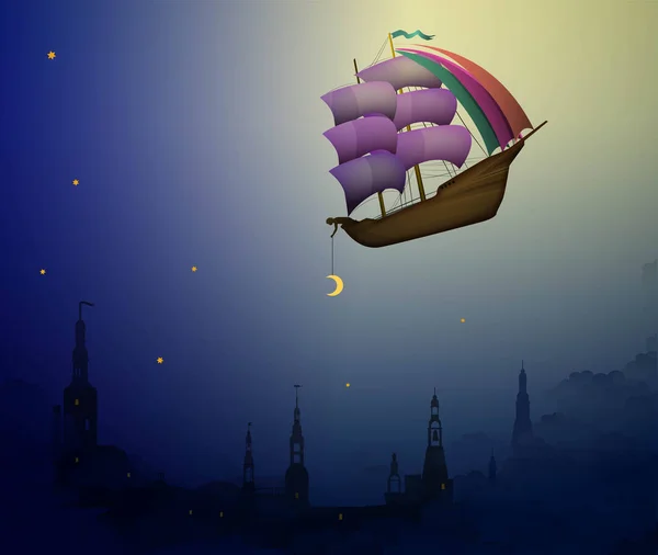 Нічне диво, корабель у вечірньому небі в хмарах над містом, казковий хлопчик кладе місяць на нічне небо, казковий моряк мрії на небесах , — стоковий вектор