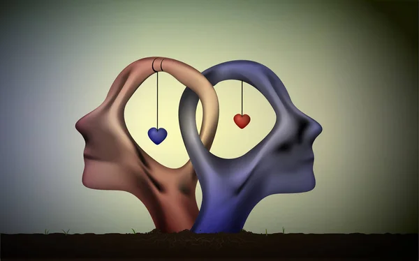 Huwelijk pictogram, hoofd van de mensen in liefde, blauwe man en rood vrouw hoofden in liefde, surrealistische romantische droom, samen voor altijd, — Stockvector