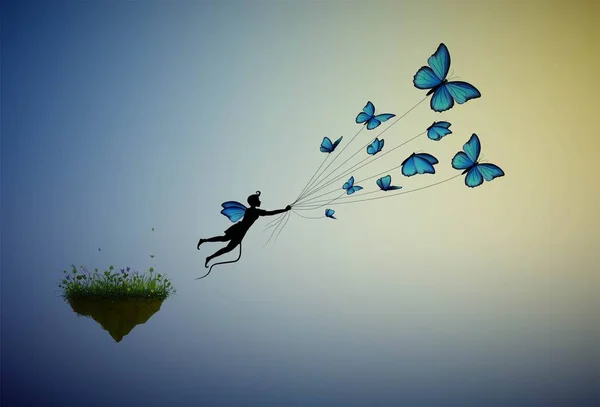Niño sosteniendo bandada de mariposas azules y volando lejos de la isla de las flores, personaje de hadas, la vida en la tierra de los sueños en la roca voladora , — Vector de stock