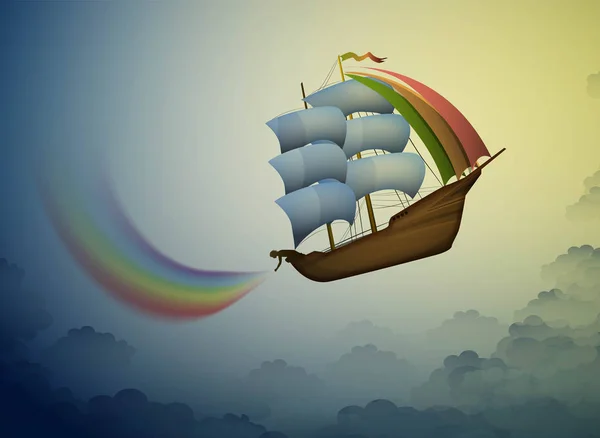 Szivárvány tartója, fel a fehér szivárvány az ég, a mágikus hajó a Dreamland, a jelenet a wonderland, — Stock Vector
