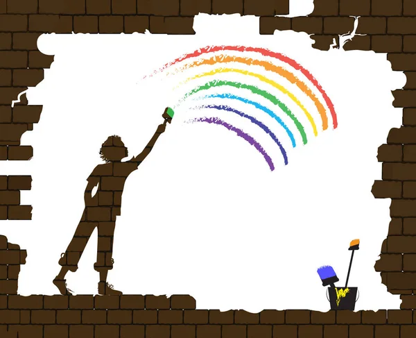 Rapaz desenha um arco-íris na velha parede de tijolos quebrados, vida após guerra, nova vida após a ideia do desastre, graffiti , —  Vetores de Stock