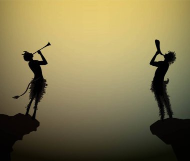 two fauns playing trumpet at the edge of the rock in the summer night, clipart