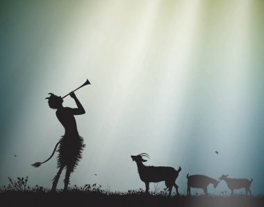 faun shepherd herds the goats in the morning sun rays, satyr, clipart
