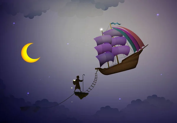 星のキーパーは、夢の世界、月、不思議の国からのシーンで魔法の船, — ストックベクタ