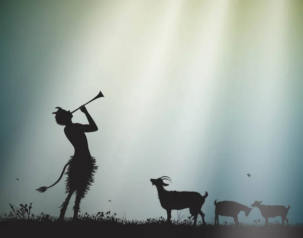Faun çoban sürülerin keçiler sabah güneş ışınları, Satir, — Stok Vektör