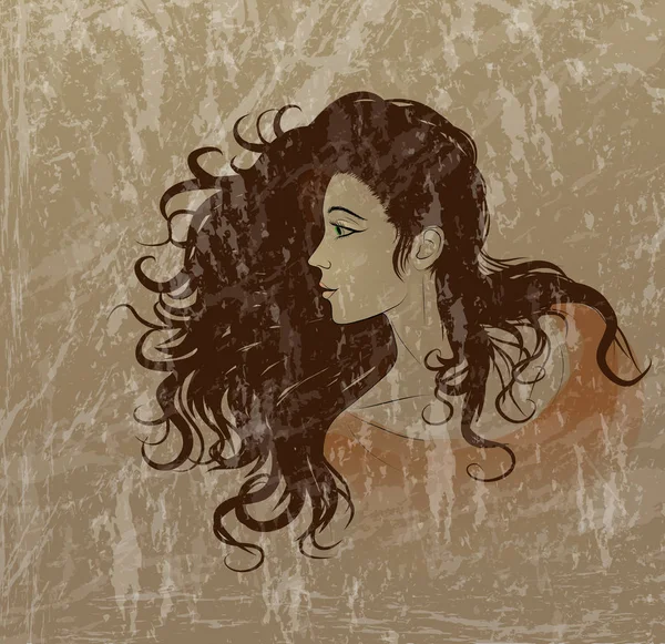 Žena s krásné dlouhé tmavé vlasy, kreslení na starý zažloutlý papír, retro portrét dívka v červených šatech, — Stockový vektor
