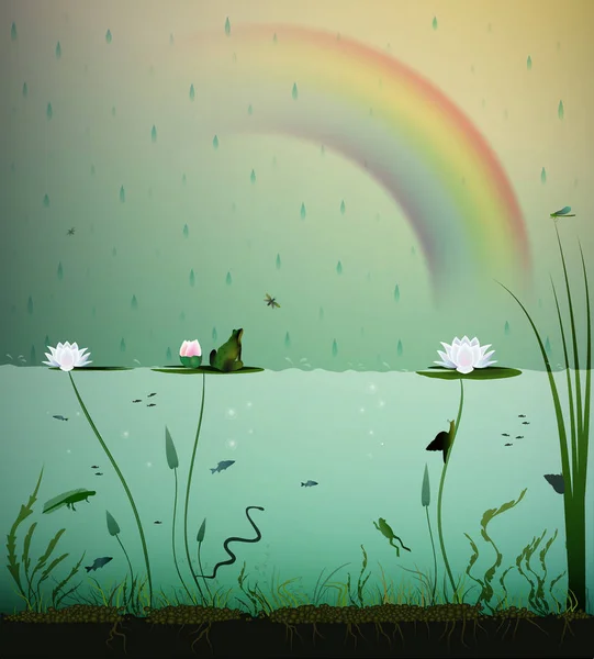 Teichleben, unter Wasser, Sommerregen mit Regenbogen auf dem Teich, Teichleben in — Stockvektor