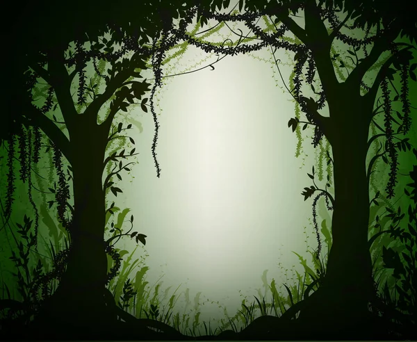 Bosque lluvioso de matorral verde, silueta de bosque de hadas profundo , — Vector de stock
