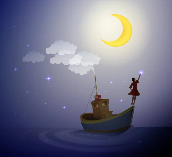 Flicka som står på båten och touch stjärnan, — Stock vektor