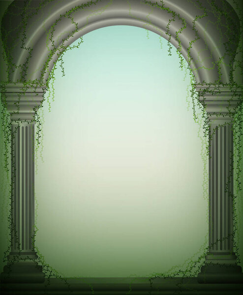 две мраморные колонны и арка с зелеными виноградниками, фасад эпохи Возрождения, романтическое место в саду, театральное оформление
,