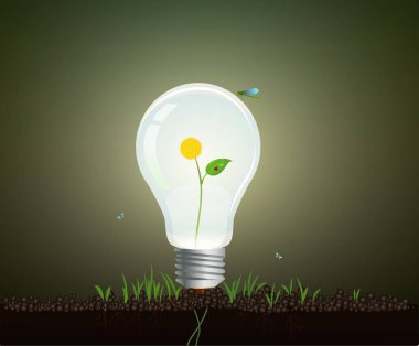 Ekoloji ampul kavramı, gerçekçi ampul toprak sarı çiçek içinde Eko enerji kavramı ile büyüyen,