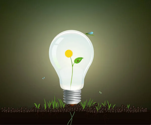 Concept d'ampoule écologique, ampoule réaliste poussant sur le sol avec fleur jaune à l'intérieur, concept d'énergie écologique , — Image vectorielle