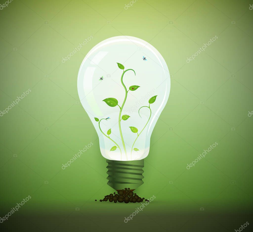 Eco light bulb concept, realistic light bulb with plant inside,