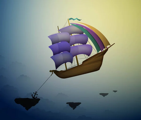 Magic közlekedő hajó a Dreamland, jelenet a wonderland, — Stock Vector