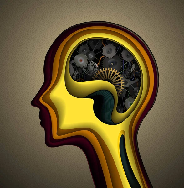 Concetto di cervello meccanico, testa uomo metallica dettagliata con rotoli di macchina e collo , — Vettoriale Stock
