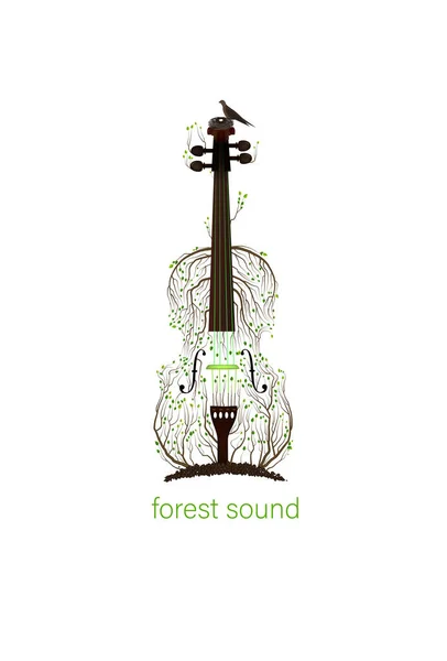 Silhouette di albero come violino che cresce su terreno e uccello con nido, concetto di suono della foresta, idea di musica primaverile , — Vettoriale Stock
