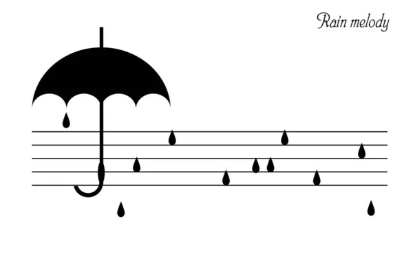 Concetto di melodia pioggia, ombrello nero e gocce sembrano note musicali , — Vettoriale Stock