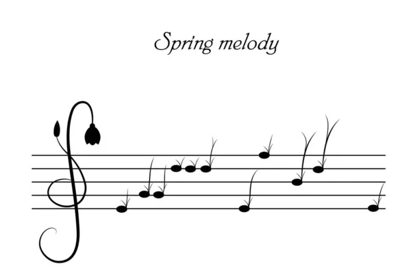 Concepto de melodía de primavera, hierba y brotes de flores parecen notas musicales, idea creativa de música de primavera, blanco y negro — Vector de stock