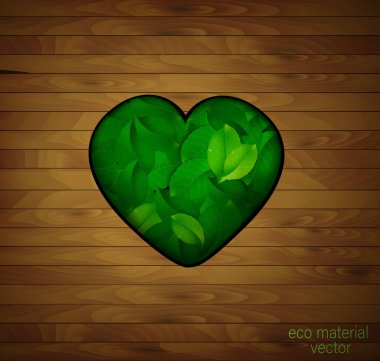 Ahşap kalp, doğal malzeme konsepti aşkı, ahşap zeminde yapraklarla dolu yeşil kalp.,
