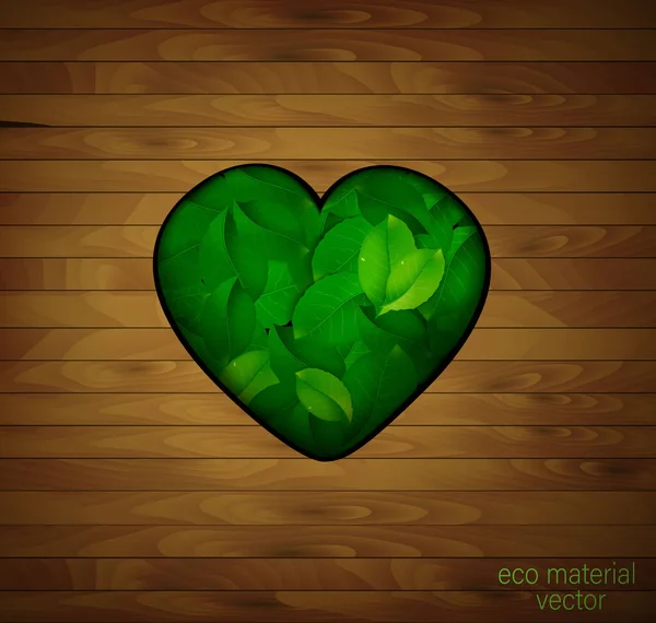 Coração de madeira, amor pelo conceito de material natural, coração verde cheio de folhas no chão de madeira , —  Vetores de Stock