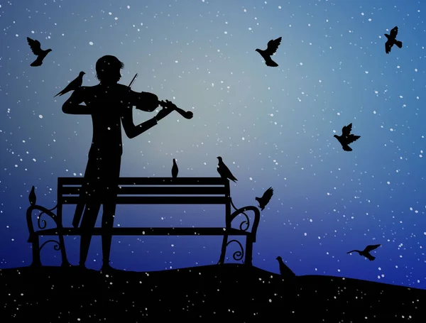 Violinisten leker under snön i parken med duvor, violindrömmare, första snön nostalgiska minnen, siluett, — Stock vektor