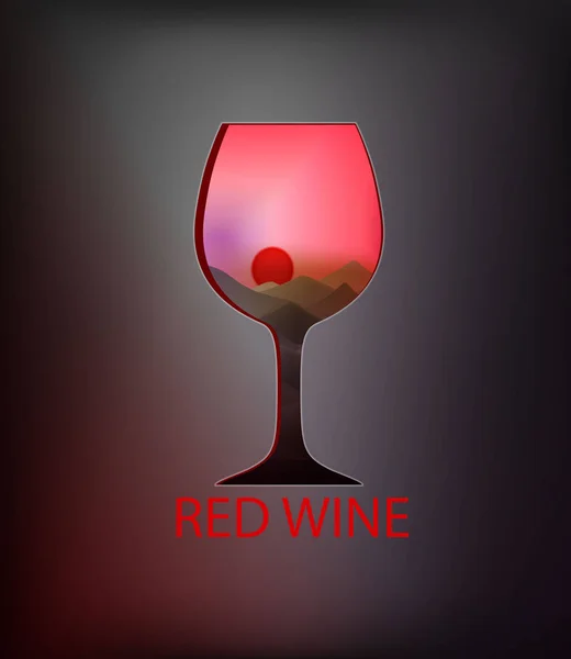 Concept de vin rouge, verre de vin ressemble à fenêtre sur la zone de montagne avec un soleil éclatant , — Image vectorielle