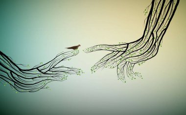 İnsan elleri, kuşu kaplayan ağaç dalları gibi görünür, doğaya hayat verir, yeşil çevre kavramı, yeşil insan kavramı,