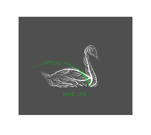 Creative eco logo, save the animal idea, swan like tree on grey background, green product, eco production, — Stock Vector