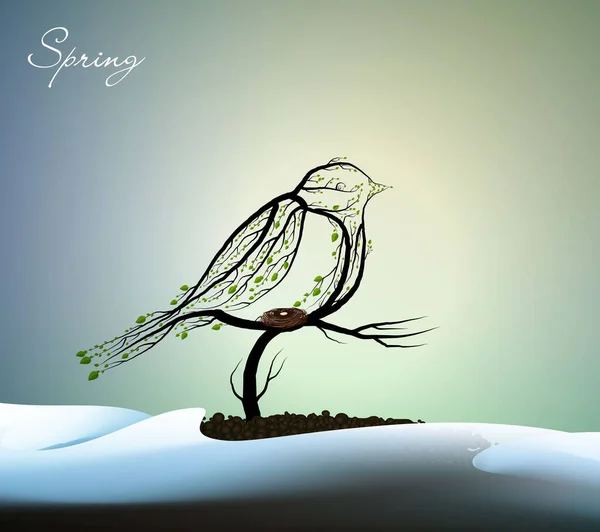 Sring bird creative concept, titmouse looks like tree with nest growing on soil between the snowdrift, eco production, — Stock vektor