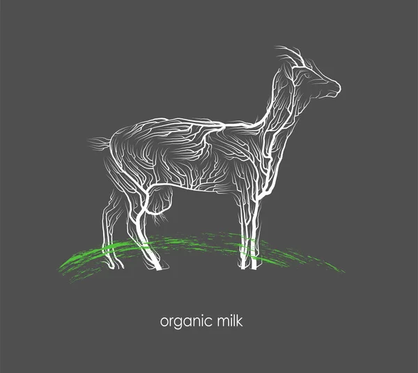 Bio-Milchkonzept, Öko-Farm Produktionsidee, Ziege sieht aus wie Baum, grüne Öko-Milch Produktidee, grüne Produktion, — Stockvektor