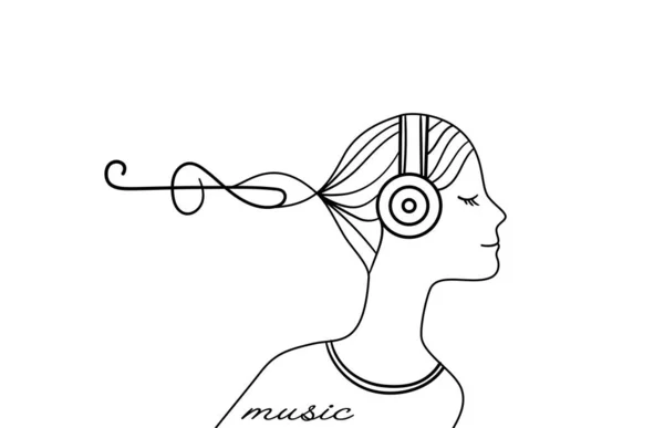 Ragazza ascolta musica, musica logo carino, profilo ragazza in auricolare sullo sfondo bianco , — Vettoriale Stock