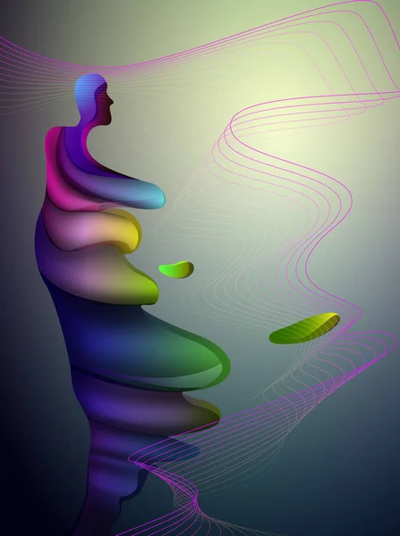 Colors and shape of emotions concept, futuristic man, human feels wing of changes, abstract man shape with liquid shape, surrealism — Stockový vektor