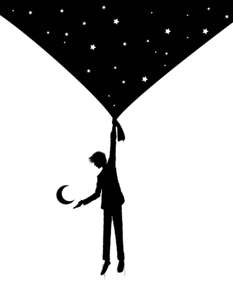 Boy silhouette holding the night sky curtain with stars and invites the moon, on the heavens, dream concept, shadows story, — Wektor stockowy