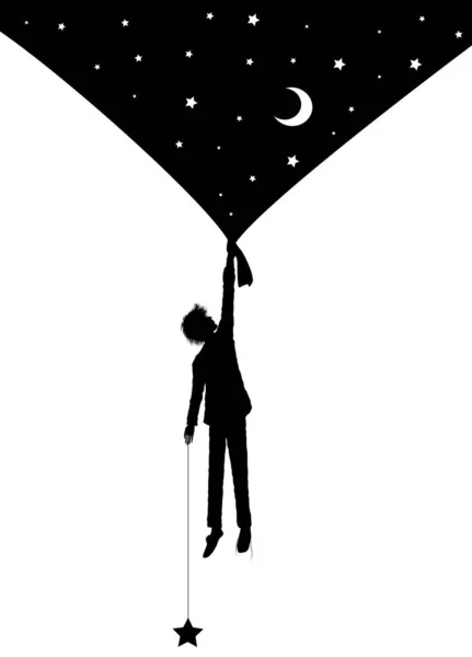 Ragazzo silhouette tenendo la tenda cielo notturno con le stelle, sul cielo, concetto di sogno , — Vettoriale Stock