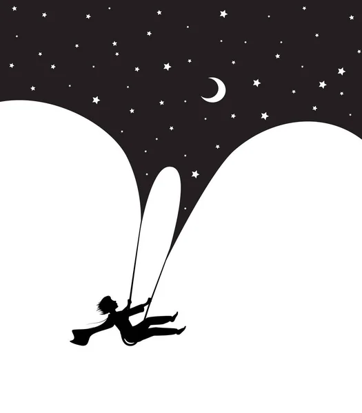 Concept of childhood night dream at midnight, dream scene in black and white, boy silhouette on the swing flying under the night sky, shadow story, — Stock Vector