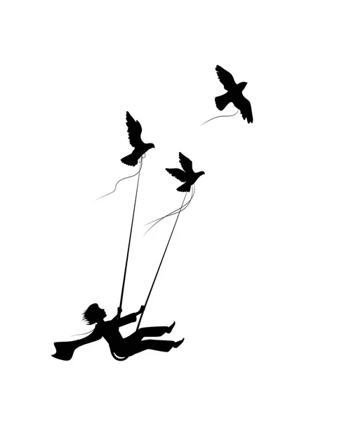 Conceito de voo de sonho, menino no balanço está voando e segurando pombos, voar na terra dos sonhos, sombras , — Vetor de Stock