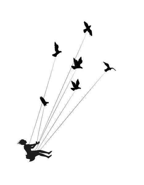 Flying girl and holding pigeons, fly in the dream, shadows, black and white, — Stock Vector