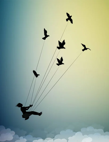 Lány repül és tartja galambok, repülni az álomban fel az égbe, gyermekkori emlékek, sziluett árnyékok — Stock Vector