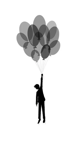 男の子のシルエットは、白い背景に風船を保持し、夢のコンセプト、黒と白の人々のシルエット、影の物語 — ストックベクタ