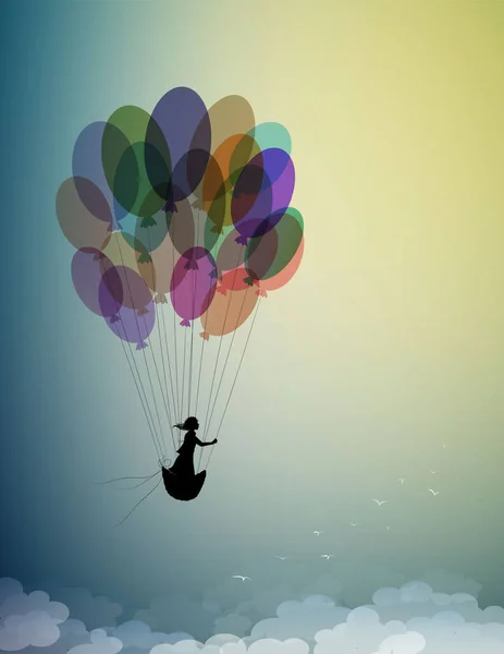 Barndoms dröm koncept, flicka siluett flyger på luften baloon och flyger upp till himlen med flock av flygande fåglar, drömmare, flykt till drömmarnas land, skugga berättelse — Stock vektor
