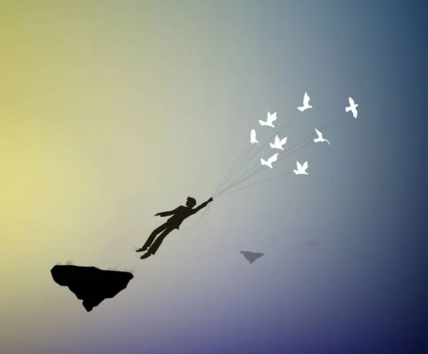 Niño está volando lejos y sosteniendo palomas, volar en la tierra de los sueños, volar lejos en su sueño a los cielos, sombras, vida en roca voladora , — Archivo Imágenes Vectoriales