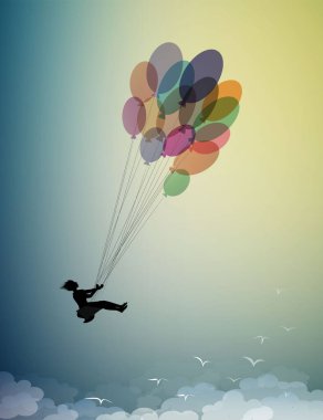 Çocukluk hayali kavramı, renkli balonlarda uçan kız silueti ve uçan kuş sürüsüyle gökyüzüne uçmak, hayalperest, rüya ülkesine uçmak, gölge hikayesi.
