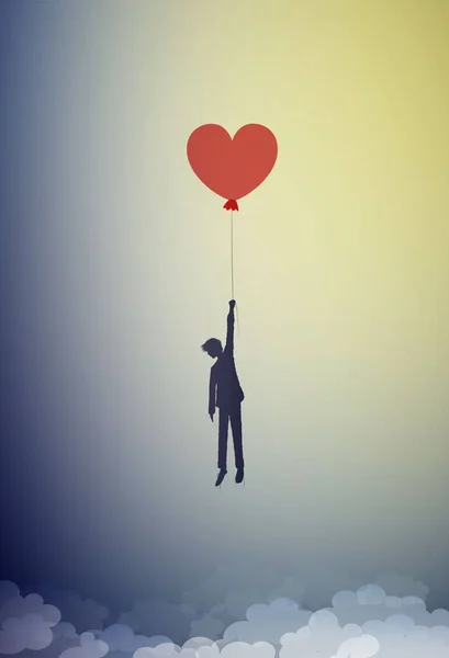 In Love-Konzept, Junge Silhouette hält den roten herzförmigen Ballon und fliegt in den Himmel, Träumer-Konzept, Schattengeschichte — Stockvektor