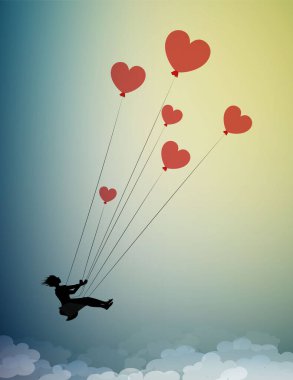 Aşk konseptinde, kız silueti kırmızı kalp şeklindeki balonları tutar ve gökyüzüne uçar, hayalperest konsept, gölge hikayesi