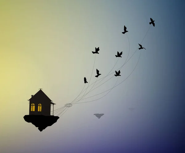 Dröm hemma koncept, resa i dröm idé, rädda livet stanna hemma, flock av fåglar flyger iväg med hus på himlen, hem isolering, — Stock vektor