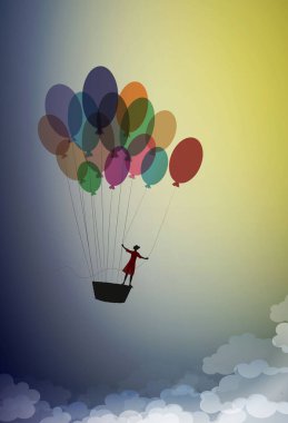 rüya kavramı, kız silueti hava balonunda uçuyor ve gökyüzüne uçuyor, hayalperest, rüya ülkesine uçuyor, gölge hikayesi