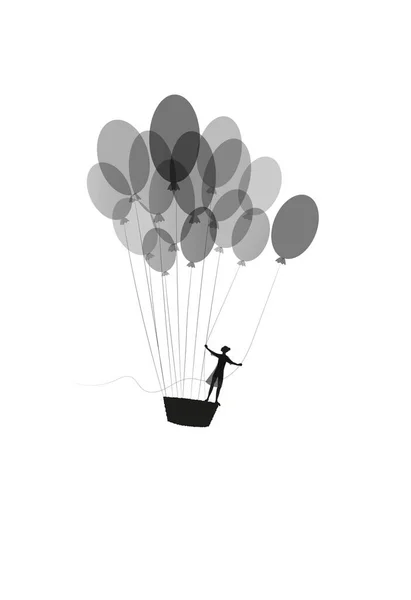 Concepto del sueño, silueta de la muchacha que vuela en el globo aéreo y que vuela para arriba al cielo, soñador, vuelo a la tierra del sueño, historia de la sombra , — Archivo Imágenes Vectoriales
