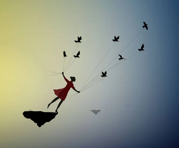 Dziewczyna leci i trzyma gołębie, latać we śnie, cienie, życie na latającej skale, — Wektor stockowy